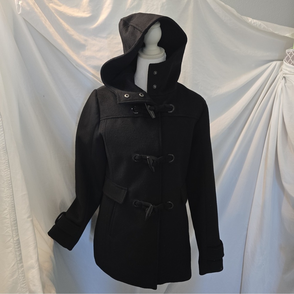 Pendleton "Roslyn" Wool-Blend Hooded Duffle Toggle Coat Black Size XS Women's